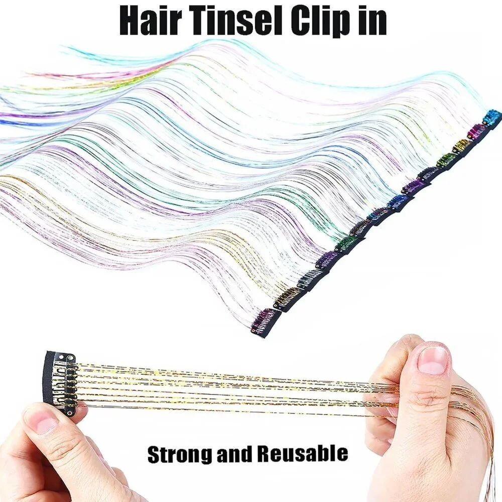 Hair Tinsel Clip in Rainbow Glitter Extensions 20Inch 48pcs Sparkling Hair Acces